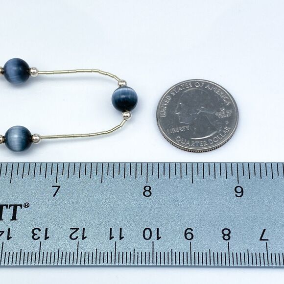 Liquid Silver 925 Black Cat's Eye Bead Station Necklace 15.75" - Picture 4 of 5